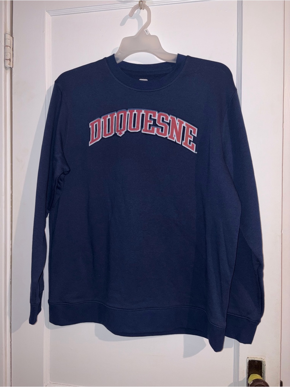 Fanatics Navy Crewneck with Red and White Duquesne Arch